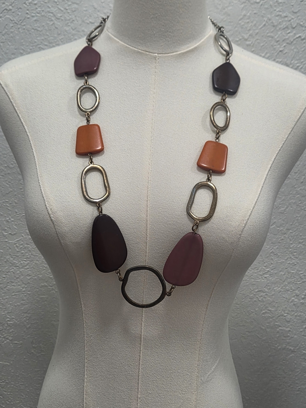 Long Mixed Plum & Rust Link Pendant Necklace - Unbranded